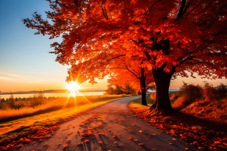 Autumn alley with beautiful golden colors and leaves, bluerred background. Generative AIの素材