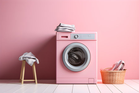 close-up of laundry room, washing machine and household cleaning products, house cleaning, minimal scene, 3D rendering, AI generationの素材