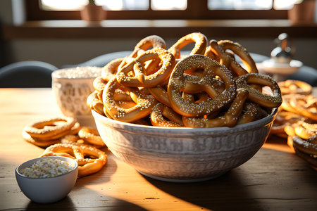 Salty snacks. Pretzel, chips, crackers, generate AIの素材