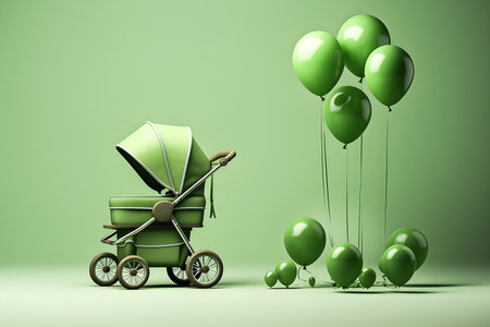 Retro baby carriage and ballons in green colors in 3d style, generate AIの素材