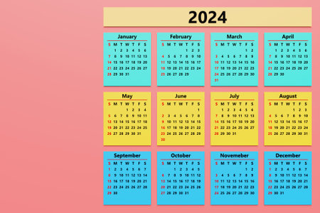 Multicolored monthly calendar template in minimalist style for 2024. Vertical printable calendar. Set for 12 months. Page with previous, current and future month.の写真素材