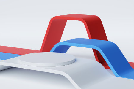 3d illustration of a white circle podium stand on the background of a geometric composition. 3d rendering. Minimalism geometry backgroundの写真素材