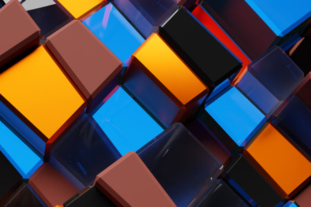 3D illustration volumetric colorful cubes. Parallelogram pattern. technology geometry neon backgroundの写真素材