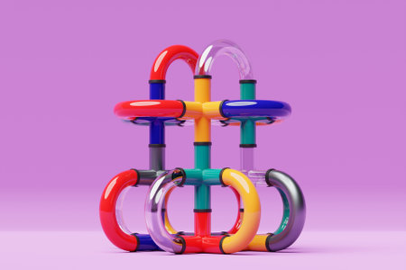 3D illustration, neon illusion, isometric abstract shapes, colorful shapes intertwinedの写真素材