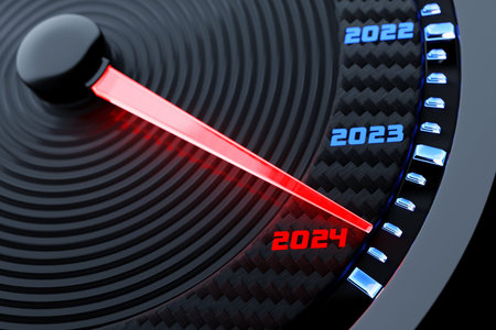 3D illustration close up black speedometer with cutoffs 2023,2024. The concept of the new year and...