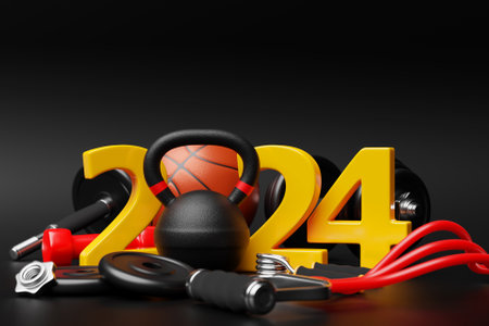 3d illustration of design happy new year 2024 and sports equipment. Sports equipment: kettlebell, dumbbell, elastic band for sports, gymnastic roller for the press. Sport happy new year bannerの写真素材
