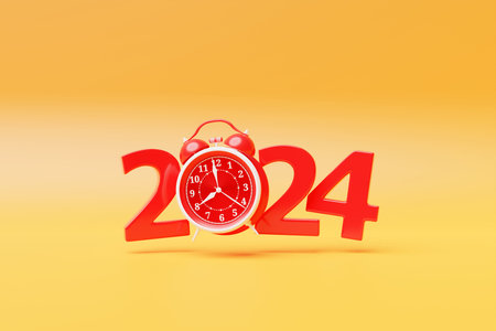 Close-up of calendar header number 2024 with red retro clock on a yellow background, 3D...