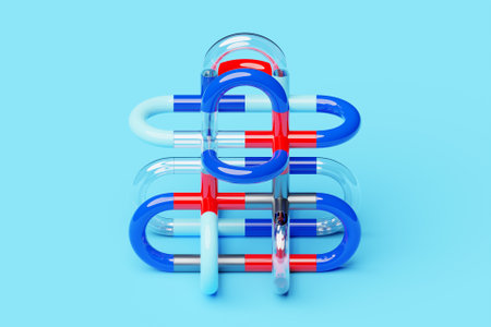 3D illustration of a colorful node on blue background. Fantastic shape .Simple geometric shapesの写真素材