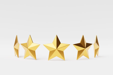 3D illustration. Five yellow stars glossy colors. Achievements for games. Customer rating feedback...