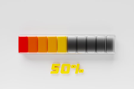 3d illustration of a bright instrument panel depicting values from normal to critical values in different colors on a white backgroundの写真素材