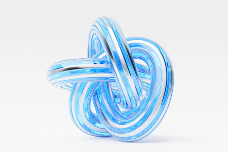 3d 3D illustration, neon blue illusion isometric abstract shapes colorful shapes intertwinedの写真素材