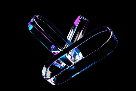 3D illustration, transparent illusion isometric abstract shapes under blue and pink neon light