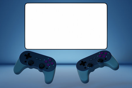 3d black gamepad, joysticks, entertainment gameplay symbol in front of a white blank monitor for...