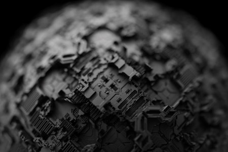 3D illustration of a black lighting ball with many faces on a black background. Cyber ball sphereの写真素材