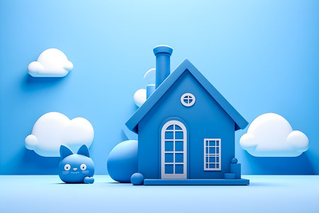 Blue house for kitty in 3d style, generate AIの素材