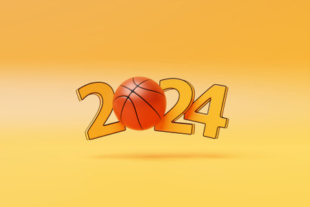 3d illustration of design happy new year 2024 and classic basketball ball. Sport happy new year bannerの写真素材