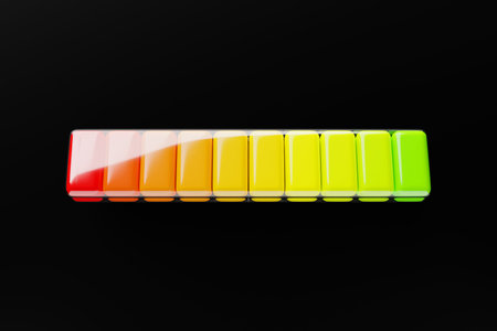 3d illustration of a bright instrument panel depicting values from normal to critical values in different colors on a black backgroundの写真素材