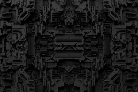 Detail of a futuristic machine. 3D illustration of a futuristic wall. Cyberpunk background....
