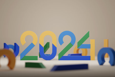 Welcome creative concept 2024. Happy New Year 2024. Outstanding 3D text on black background, 3D...