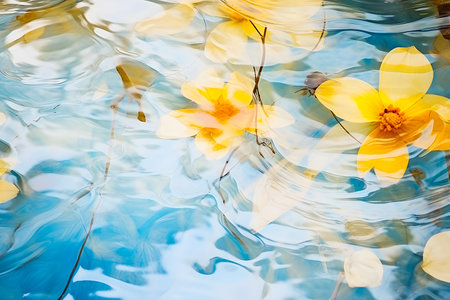 transparent white flowers float in transparent water ripples, generative AIの素材