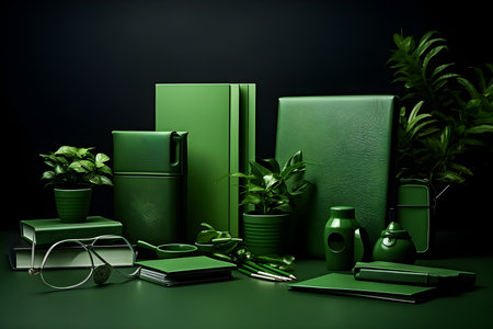 Green monochrome desk with stationery and plants, generative AIの素材