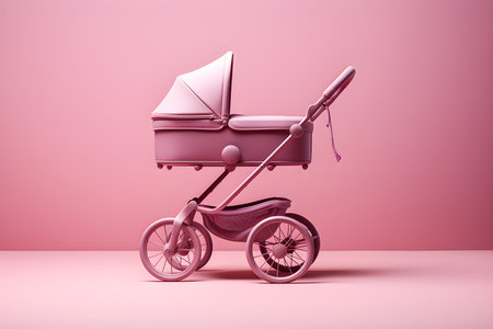 Retro baby carriage and ballons in pink colors in 3d style, generate AIの素材