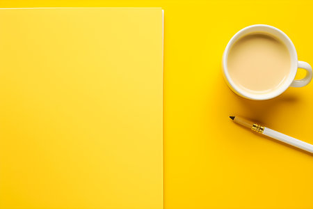 Yellow monochrome desk with stationery and cup, flat lay, generative AIの素材