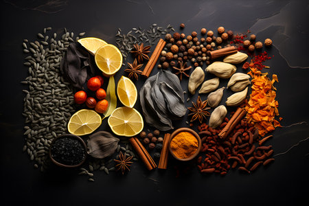 Background with various condiments for food, top view, generative aiの素材