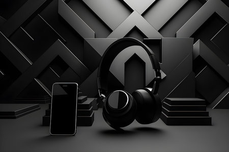 Black wireless headphones. Headphone icon illustration. Audio technology, 3d style, generate AIの素材