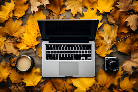 Beautiful autumn abstract background with leaves and retro camera and laptop, generative AIの素材