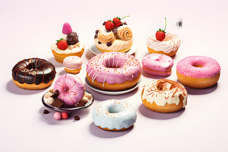3d illustration set of the cake, ice cream, panna cotta, bubble tea, donut, cup of coffee, chocolate, candy, , generative aiの素材