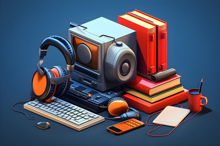 3D illustration of retro audio recording equipment: headphones, microphone, speaker, camera, retro TV, film projector, generative aiの素材