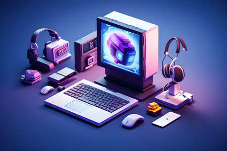 3D rendering of a real gamer's desk: Computer, laptop, smartphone, headphones, printer, game console, floppy disk, video card, generative aiの素材