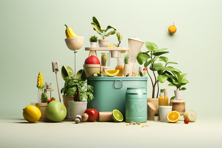 Diet concept of healthy vegetarian food, 3d illustration, generative AIの素材