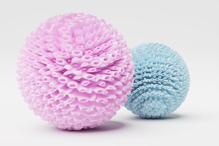 3d wavy fluorescent pink and blue spheres. Abstract shapes. iridescent glossy waves. 3d illustration.の写真素材