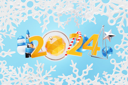 3d illustration of cartoon happy new year 2024 greeting card. Christmas concept