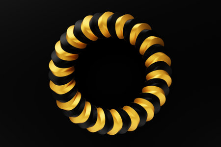 3D illustration of a black and yellow wave volumetric torus. Fantastic cell. Simple geometric shapesの写真素材