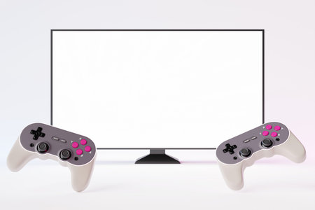 3d white gamepad, joysticks, entertainment gameplay symbol in front of a white blank monitor for...