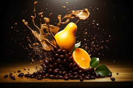 3D illustration of fruits lemons and coffee beans falling with splashes of coffee on a dark background, generated aiの素材