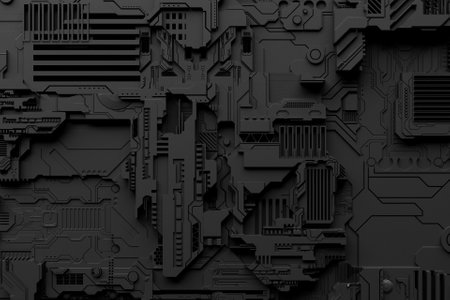 Detail of a futuristic machine. 3D illustration of a futuristic wall. Cyberpunk background. Industrial wallpaper. Grunge detailsの写真素材