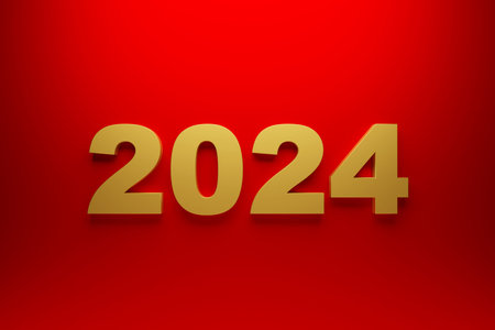 2024 new year card with 3d realistic year number on red background. 3D illustration. Volumetric...