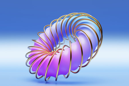 Futuristic neon pink and blue torus donut. 3D rendering, torus geometry shape in blue background