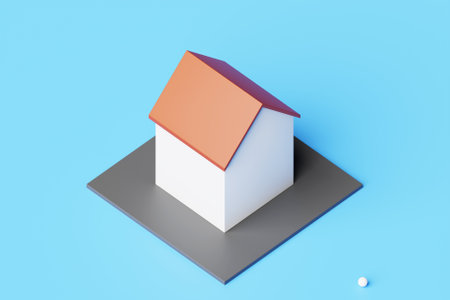 3D model of a country house, isolated on a blue renovated patrimonial. Cute country house. Minimal 3d Real estate illustration.の写真素材