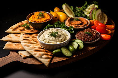 Greek appetizers with pita bread, pickled vegetables and hot sauce on a wooden plate , generative aiの素材