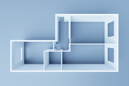 3d interior rendering of an empty paper model of an apartment house with bedrooms, a large living room and kitchen, bathroom and toilet on a blue backgroundの写真素材