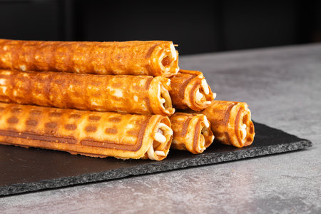 Homemade waffles with caramel. Wafer rolls with condensed milk. Thin and Crispy Waffleの写真素材