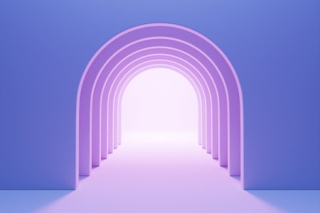 3D rendering. Beautiful geometric arch, gate, portal. Abstract geometric arch. Round hole, entrance to the wall with a purple screen.の写真素材