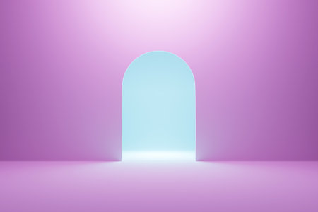 3d illustration of a round arch at the back on a pink background. A close-up of a round monochrome pedestal.の写真素材