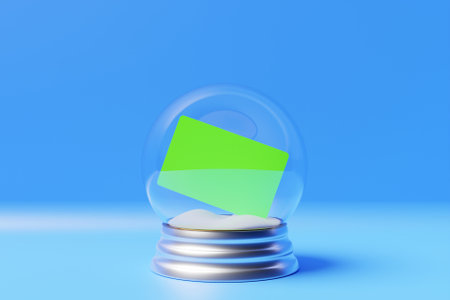 Realistic glass spherical ball on a podium with a white sheet for notes on a light background. 3d illustrationの写真素材