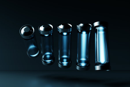 3D illustration of a close-up of blue batteries on a dark background. An unsafe way to use energy.の写真素材